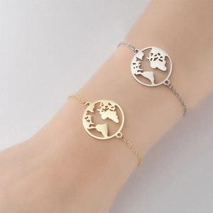 Stainless Steel Bracelet For Women Hollow World Map Pendant Round Minimalist Fashion Jewelry Adjustable Chain
