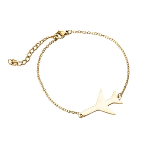 Minimalist gold stainless steel bracelet featuring a polished airplane pendant with lobster clasp