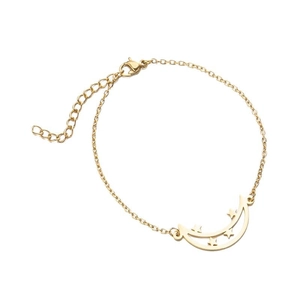 Elegant gold celestial bracelet with crescent moon and star pendant on a white background