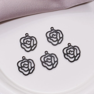 5pcs matte black stainless steel rose flower pendants with heart detail and hanging rings