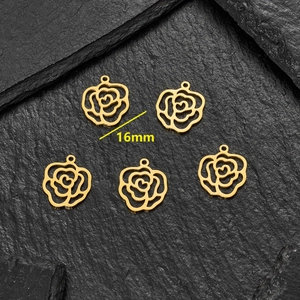 Set of five 16mm gold stainless steel rose flower pendants with heart hollow details