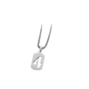 Modern stainless steel necklace featuring a rectangular pendant with hollow number 4 design