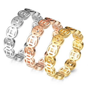 Vintage Copper Coin Stainless Steel Ring Hollow Out Fortune Money Lucky Band For Men Women 18K Gold Plated Retro Jewelry