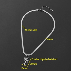 Polished stainless steel snake chain necklace with crown and letter T pendant