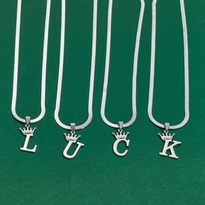 Silver stainless steel snake chain necklaces with crown letter pendants spelling LUCK
