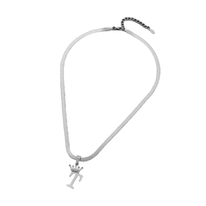 Silver snake chain necklace with letter T crown pendant and adjustable lobster clasp