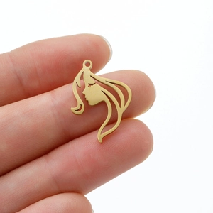 Polished gold stainless steel charms with elegant long-haired girl silhouette design