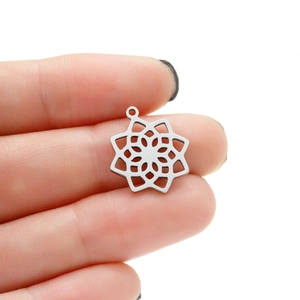 Macro detail of silver mandala flower pendant with intricate geometric petals for DIY jewelry