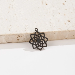 Detailed close-up of a matte black mandala geometric cutout earring pendant