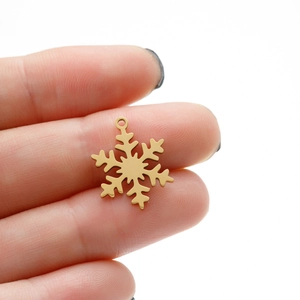 Detailed view of a gold snowflake pendant held between fingers for size reference
