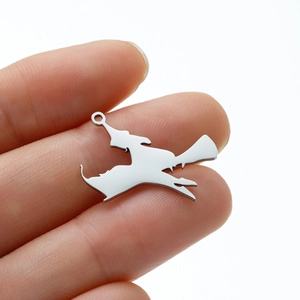 Polished stainless steel witch riding a broom pendant for gothic Halloween jewelry
