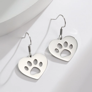 Silver hollow heart earrings with paw print cutout in polished stainless steel design