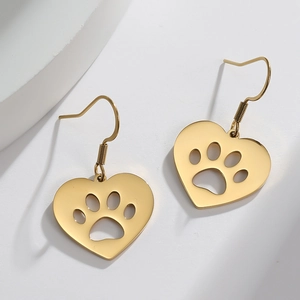 18K gold plated heart earrings with hollow paw print design in stainless steel