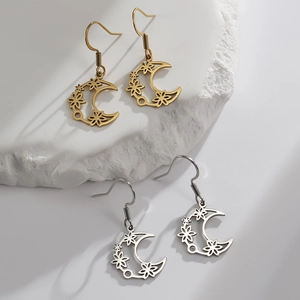 Edelstahl Hohl Sichelmond Blume Haken Ohrringe Für Frauen Böhmischen Vintage Stil Modeschmuck