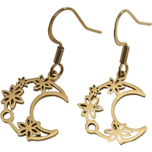 Goldene Edelstahl-Ohrhänger mit ausgeschnittenem Halbmond und Blumenmuster für Damen