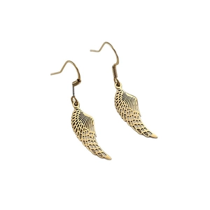 Vintage angel wing drop earrings with detailed hollowed feathers in antique gold finish