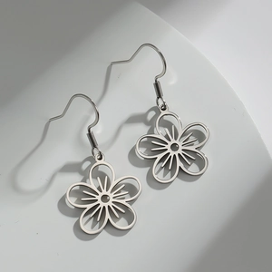 Minimalist silver cherry blossom drop earrings with hollow five-petal flower design