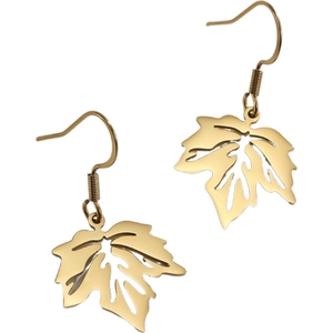Golden maple leaf stainless steel drop earrings with intricate hollow-out vein details