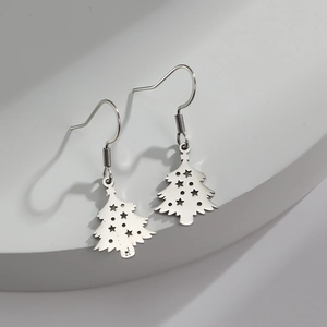 Boucles d'oreilles sapin de Noël en acier inoxydable argenté avec motif étoile