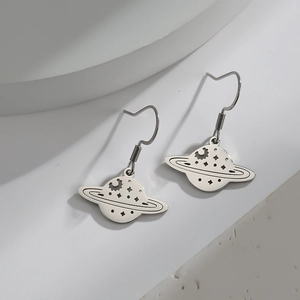 Minimalist stainless steel Saturn planet earrings with celestial moon and star cutouts