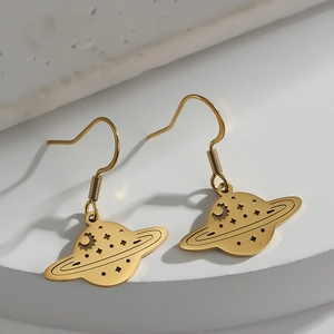 Golden stainless steel Saturn planet earrings with cutout star and moon details