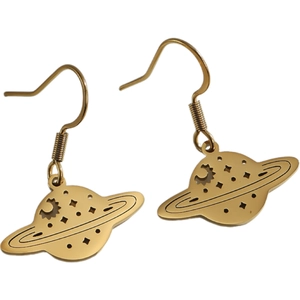 Elegant gold Saturn planet dangle earrings with cutout moon and star details on white background