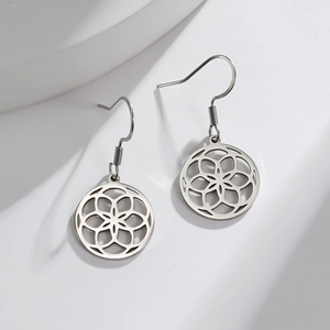 Minimalist silver stainless steel earrings with geometric hollow mandala flower design
