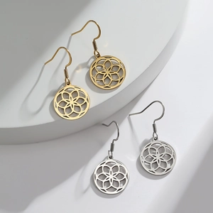 Stainless Steel Mandala Flower Hollow Round Geometric Drop Earrings For Women Bohemian Vintage Style Jewelry