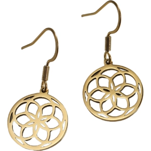 Golden stainless steel drop earrings with circular geometric mandala cutout patterns