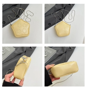 Detailed views of the yellow star-shaped mini bag with quilted stars and silver chain