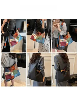 Multi-angle view of large retro canvas tote bag showing style and size on a model