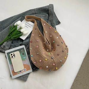 Handmade woven pearl shoulder bag in khaki crochet style with colorful bead accents