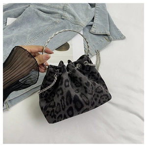Detail of grey leopard print bucket bag featuring silver ring handle and chain strap