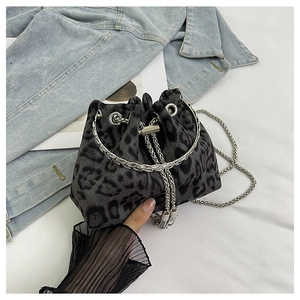 Detail of grey leopard print bucket bag with silver chain strap and metal handle
