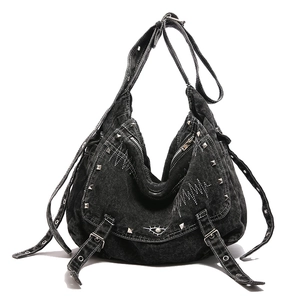 Vintage black washed denim tote bag with silver metal studs and white embroidery detailing