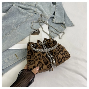 Detail of leopard print bucket bag with crystal handle and silver chain strap