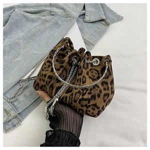 Detail of leopard print bucket bag with silver chain strap and metallic ring handle