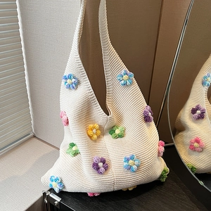 Sac Fourre-tout en Tricot à la Main Fleur Crochet pour Femme Coton Tissé Sac à Épaule Pastoral Décontracté Shopping
