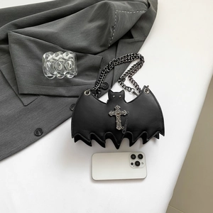 Gothic bat-shaped mini shoulder bag with vintage silver cross and dark metal chain