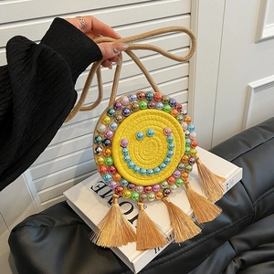 Round Woven Crossbody Bag Cotton Linen Smiley Face Beaded Tassel Shoulder Purse Casual Boho For Women Girls