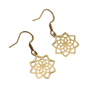 Gold stainless steel hollow mandala flower drop earrings with geometric star design