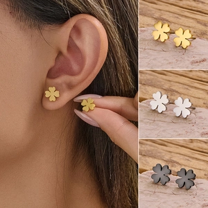 Stainless Steel Four Leaf Clover Stud Earrings Mini Simple Sweet Style Small Jewelry For Women Girls