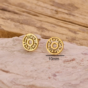 Minimalist 10mm gold hollow circular stud earrings with geometric pattern for women