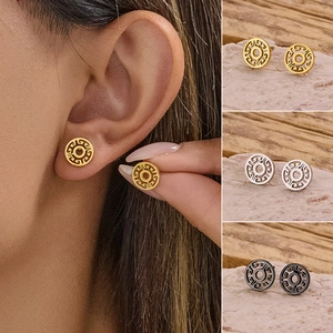 Stainless Steel Stud Earrings Hollow Round Geometric Greek Key Pattern Retro Minimalist Fashion Jewelry For Women
