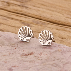 Bohemian stainless steel seashell studs with hollow design on natural stone base