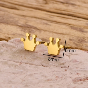 Polished 18K gold plated stainless steel crown stud earrings measuring 6mm by 8mm