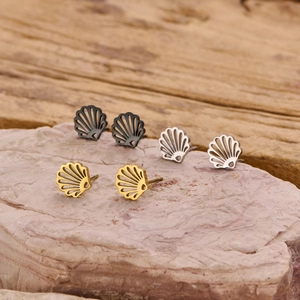 Minimalist stainless steel shell stud earrings in gold, silver, and black finishes