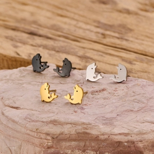 Cute dolphin stud earrings in gold, silver, and black stainless steel for women