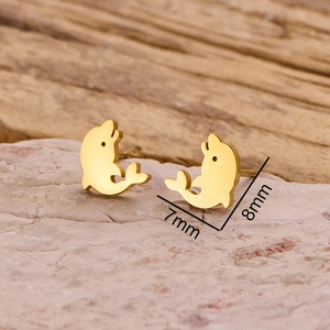 Gold dolphin stud earrings in stainless steel measuring 7mm by 8mm for daily wear