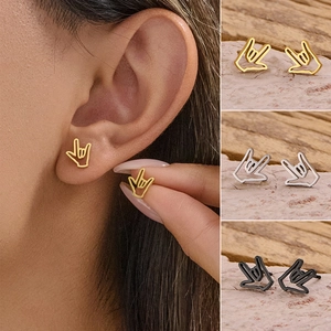 Hand Sign I Love You Gesture Stud Earrings Stainless Steel Minimalist Commuter Fashion Jewelry For Women